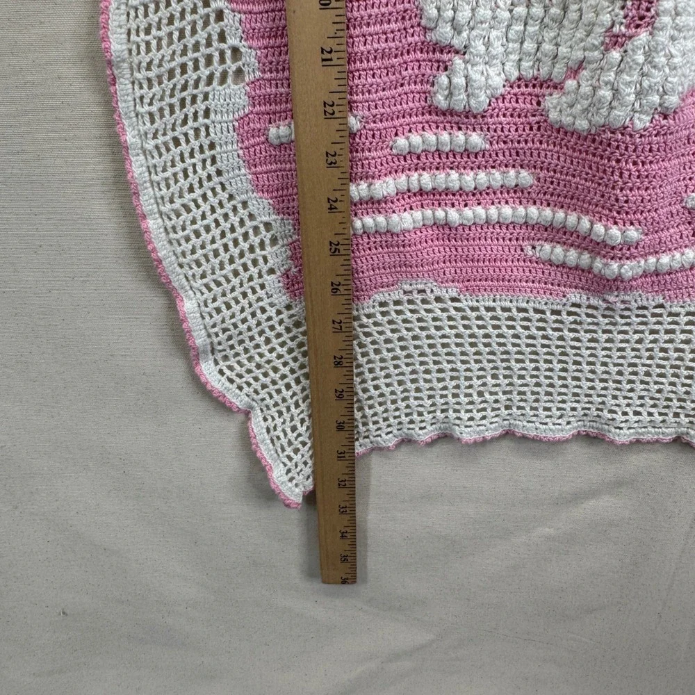 Handmade Vintage Crochet Baby Blanket Pink White Popcorn Stitch Bunny Rabbit